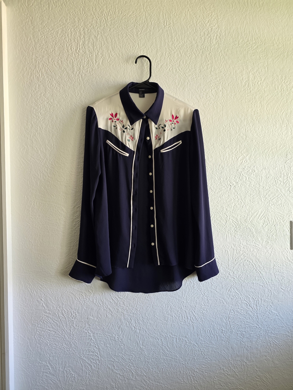 Forever 21 Navy Western Button-Up with Cream Yoke and Pink Floral Detail